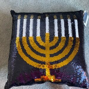 NWT Hanukkah Reversible Candles, Sequin Pillow Menorah Blue 17”x17”
